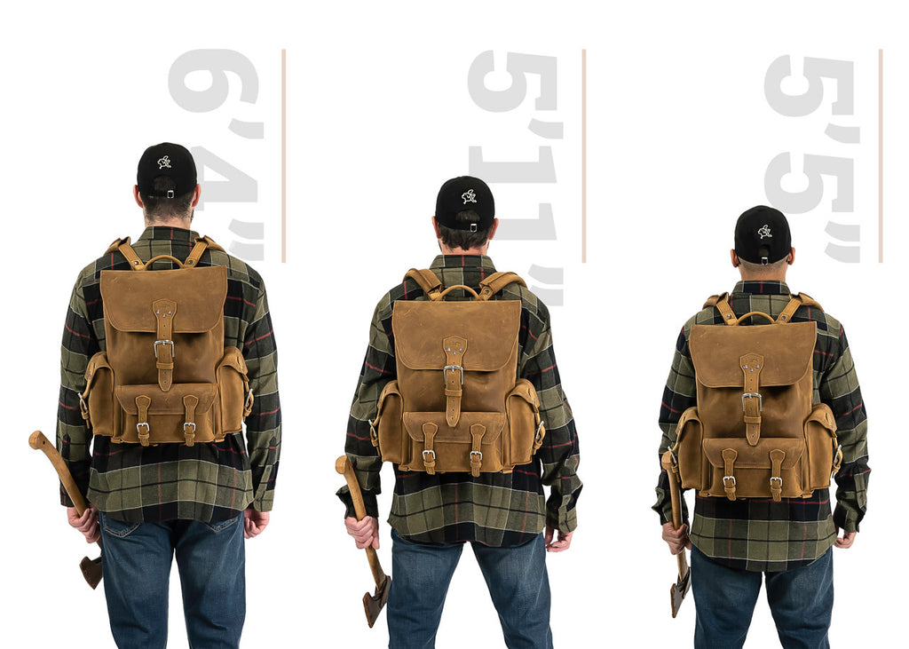 Front Pocket Leather Backpack in Tobacco, size comparison on men 6'4", 5'11" and 5'5" tall, back view