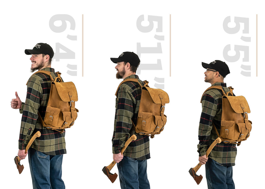 Thin Front Pocket Leather Backpack in Tobacco, size comparison on men 6'4", 5'11" and 5'5" tall, side view