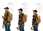 Thin Front Pocket Leather Backpack in Tobacco, size comparison on men 6'4", 5'11" and 5'5" tall, side view