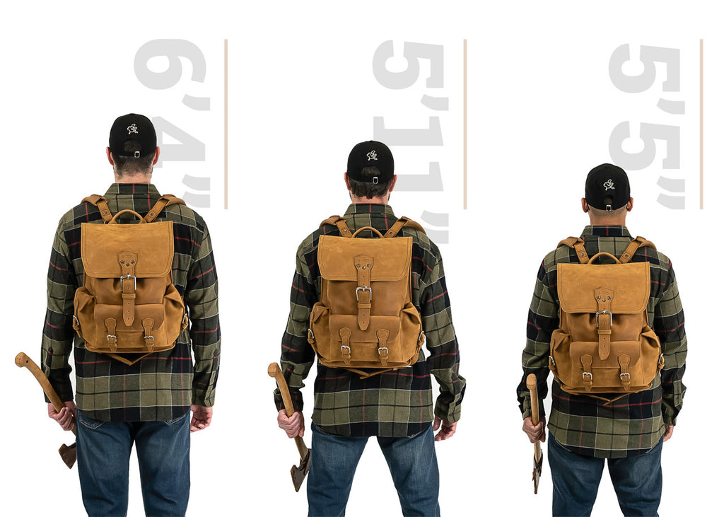 Thin Front Pocket Leather Backpack in Tobacco, size comparison on men 6'4", 5'11" and 5'5" tall, back view