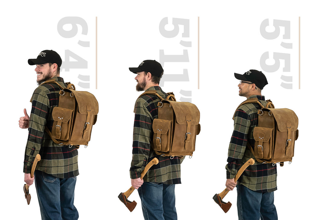 Tank Backpack in Tobacco, size comparison on men 6'4", 5'11" and 5'5" tall, side view