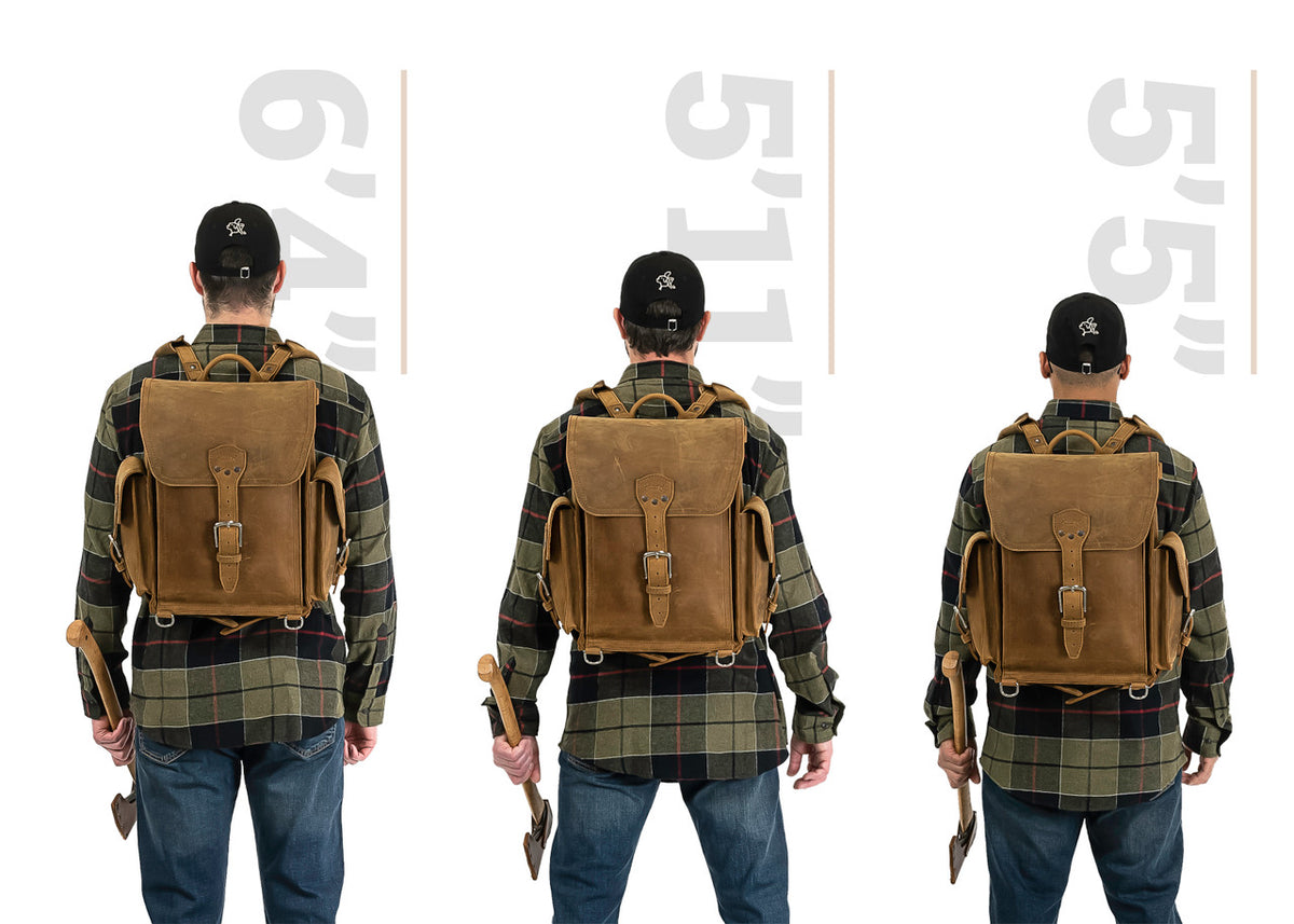 Tank Backpack in Tobacco, size comparison on men 6'4", 5'11" and 5'5" tall, back view