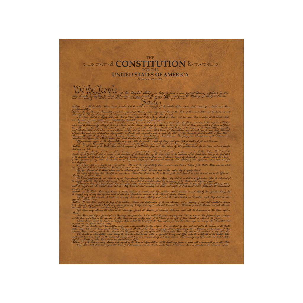 Leather Constitution of the United States, tan leather first page with title and We the People preamble
