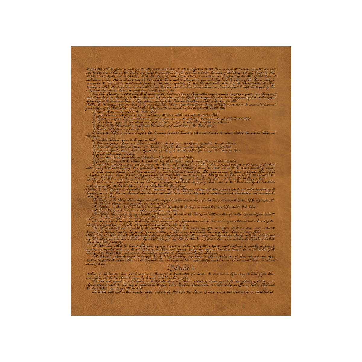 Leather Constitution of the United States, tan leather page continuing Article I into Article II
