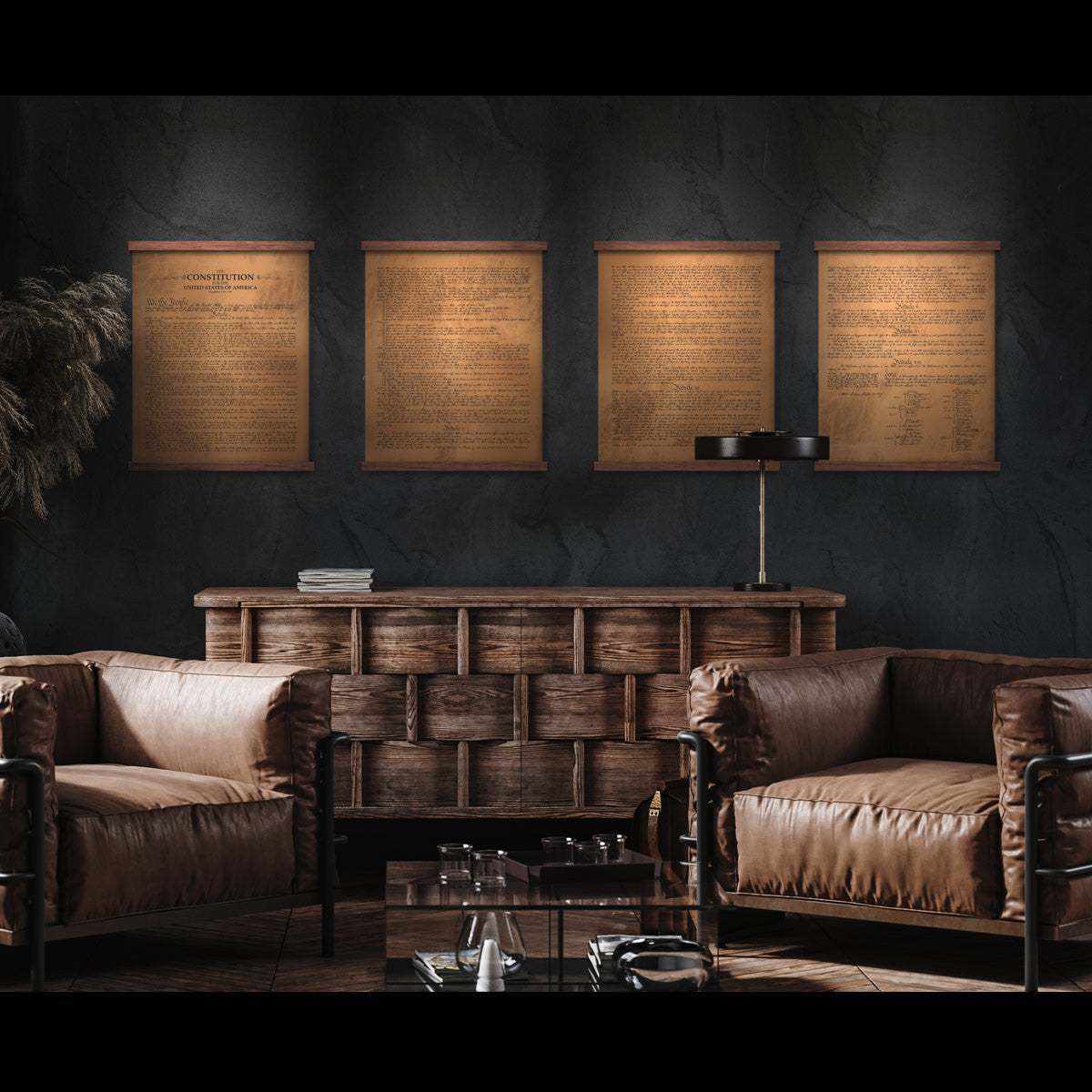 Leather Constitution of the United States, four hanging tan leather pages above a credenza in a dark lounge