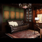Leather Constitution of the United States, four tan leather pages hung above a sofa in a study