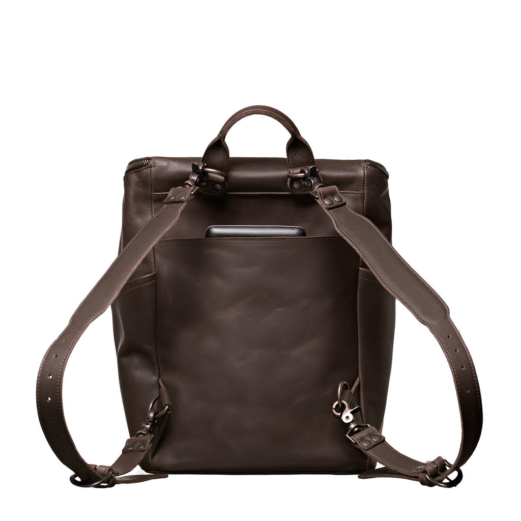 All in One Leather Backpack in Dark Coffee Brown, back view showing adjustable shoulder straps and back slip pocket