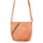 Crossbody Concealed Leather Bag in Tan, front view with diagonal zipper pocket and adjustable strap
