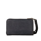 Medium Wristlet Leather Wallet in black, plain back view with zipper and wrist strap