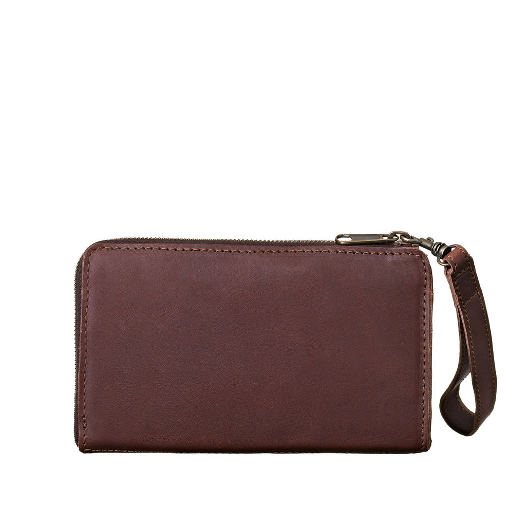 Medium Wristlet Leather Wallet in burgundy brown, plain back view with zipper and wrist strap