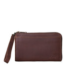 Medium Wristlet Leather Wallet in burgundy brown, front slip pocket with embossed logo and wrist strap