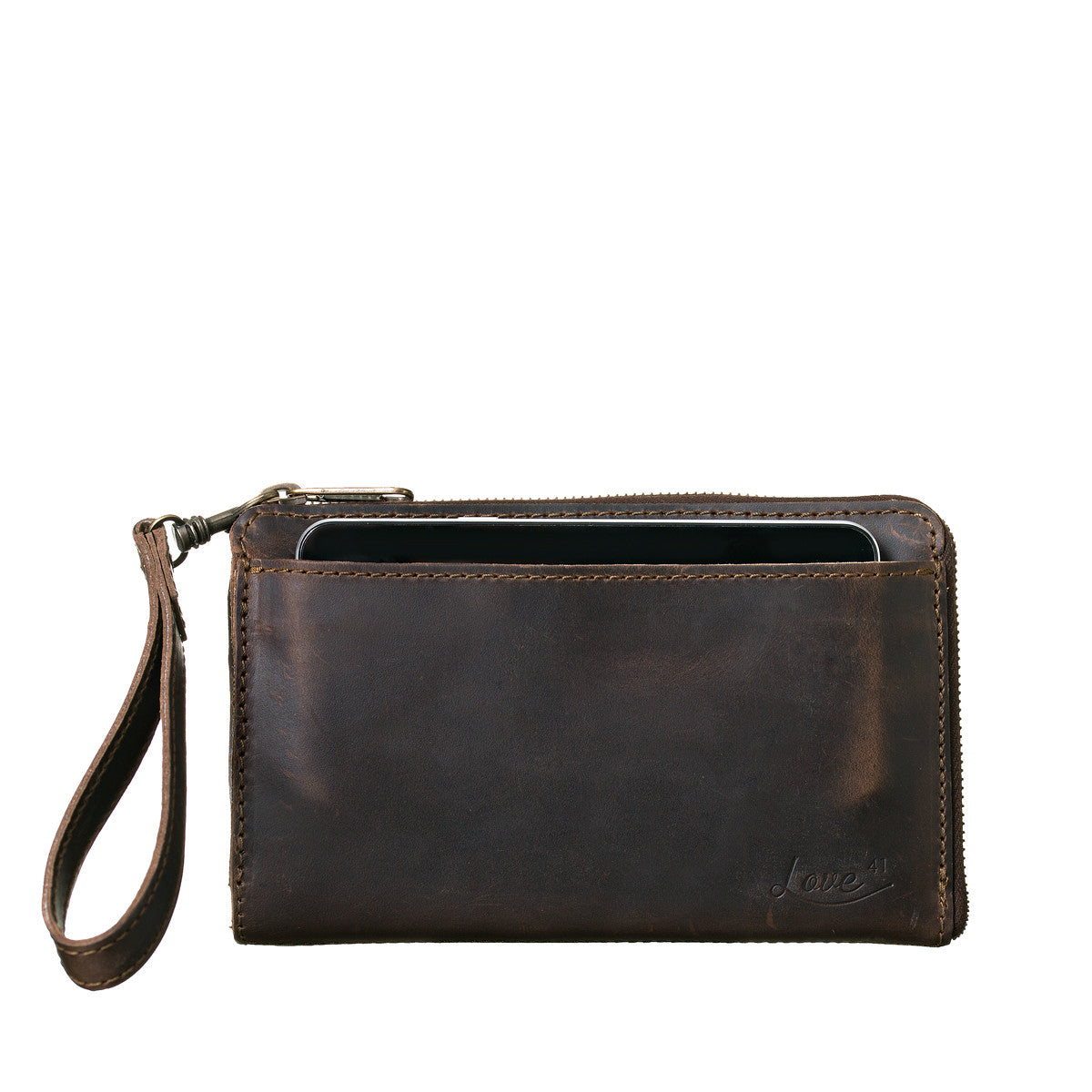 Medium Wristlet Leather Wallet in dark brown, phone tucked in front slip pocket with wrist strap