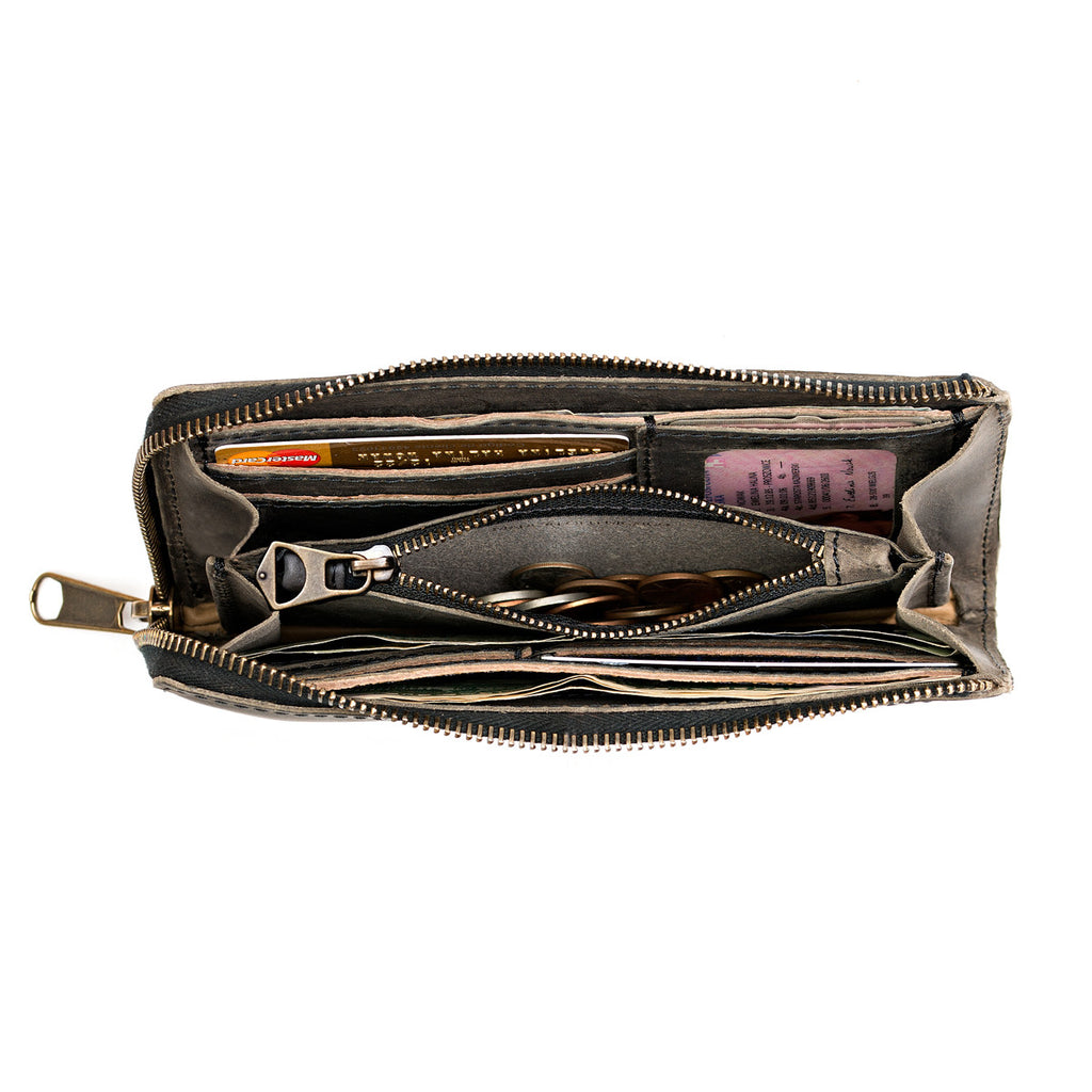 Medium Wristlet Leather Wallet in black, unzipped showing cards, cash and coin pocket