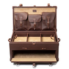 Leather Trunk in Chestnut, fully open with lid pockets, divided top tray and empty drop-front drawer