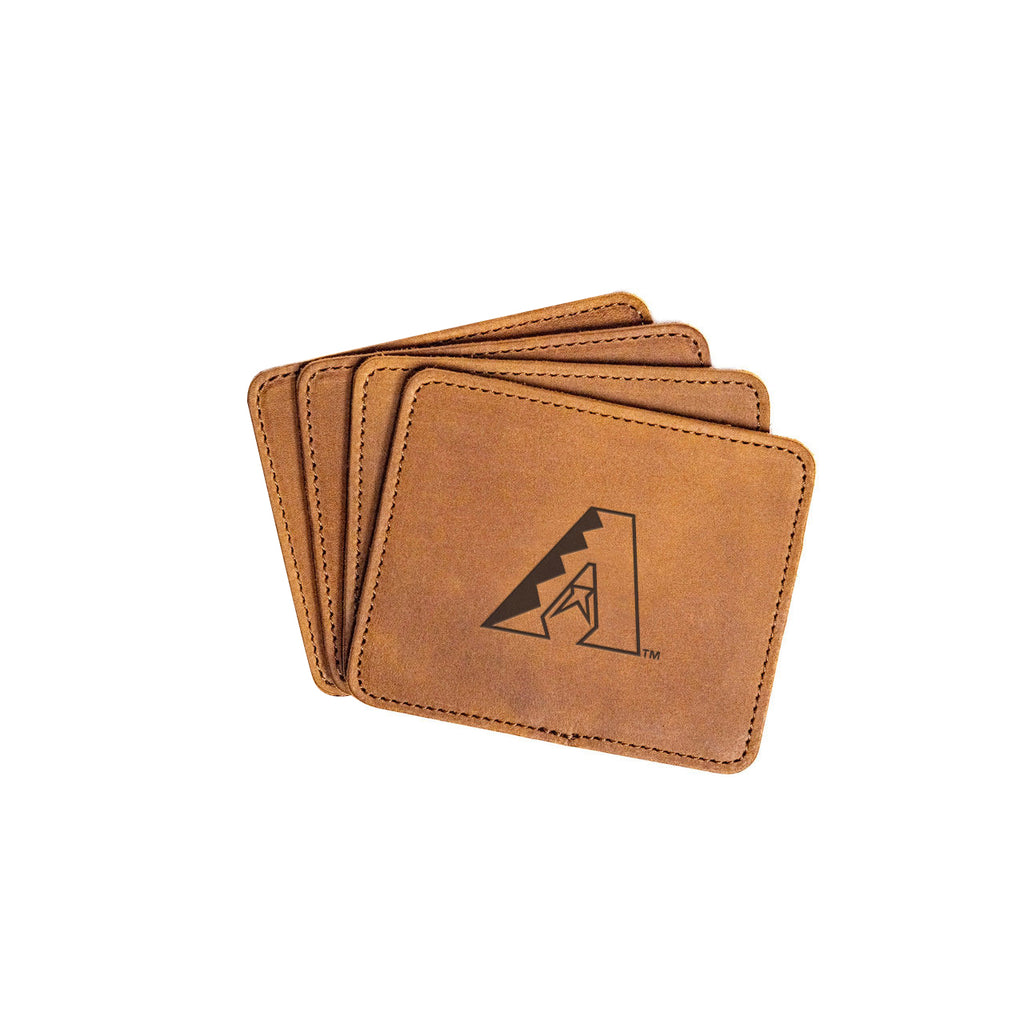 Arizona Diamondbacks Leather Coaster Set in Tobacco, four fanned coasters with embossed diamond-pattern A logo