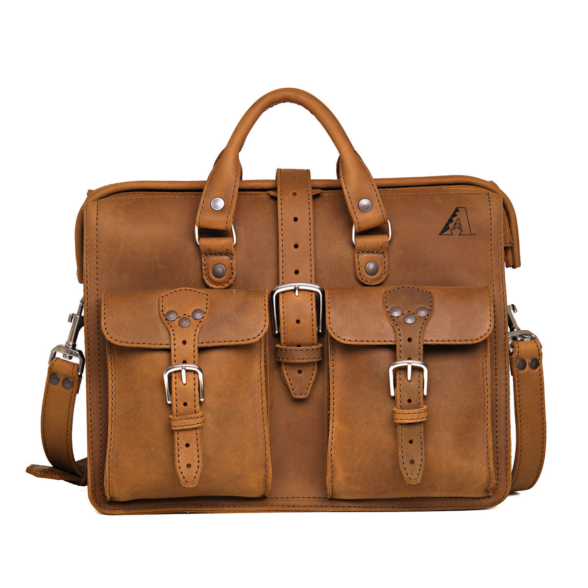 Flight Bag Leather Briefcase - Arizona Diamondbacks in Tobacco, front view with embossed team logo and buckled pockets