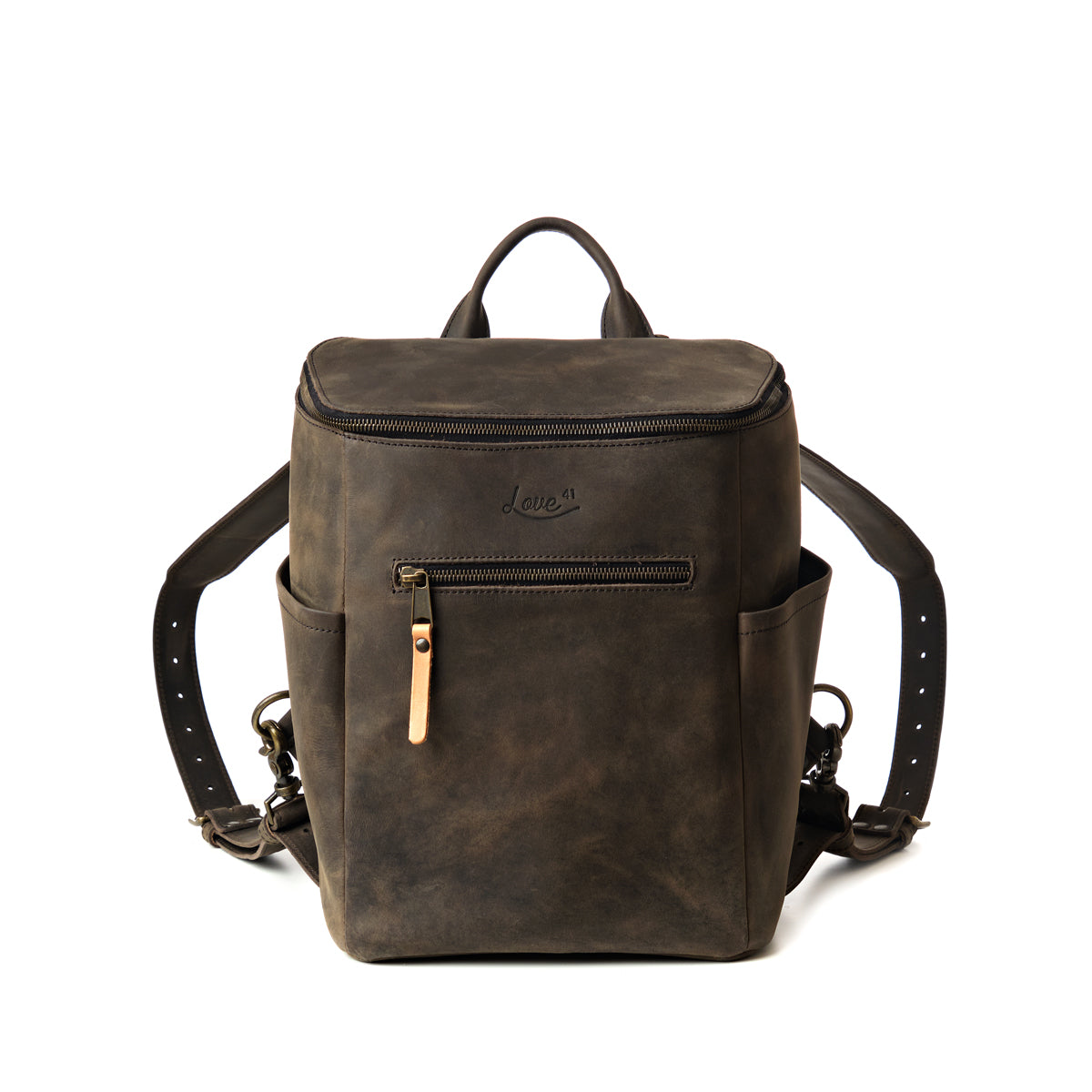 All in One Backpack Medium in Black, front view showing zippered pocket, side pockets and straps