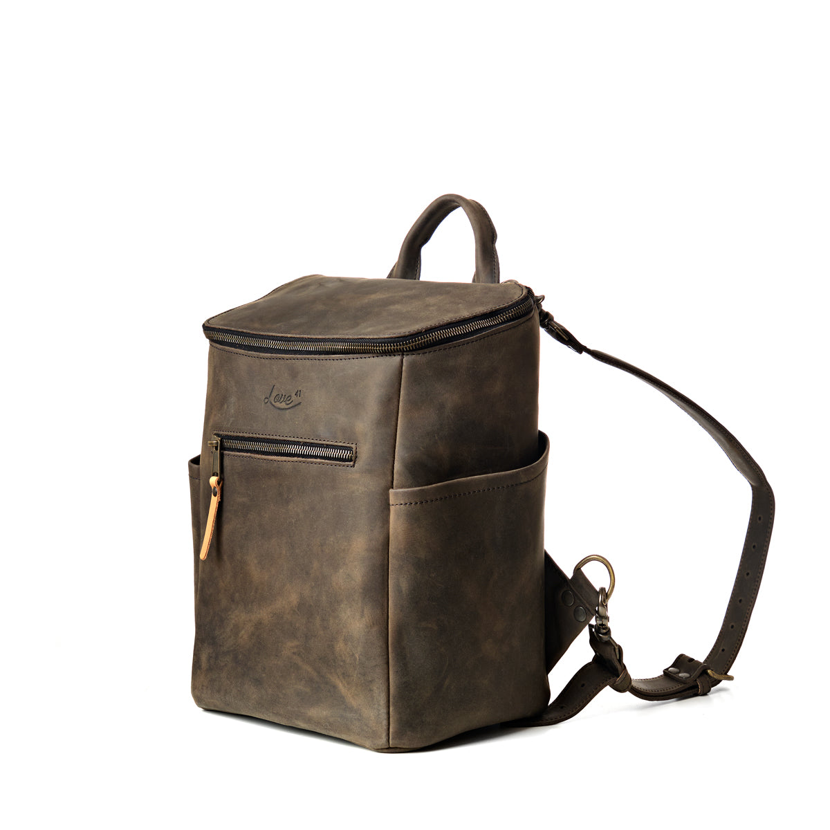 All in One Backpack Medium in Black, angled front view with side pocket and shoulder strap