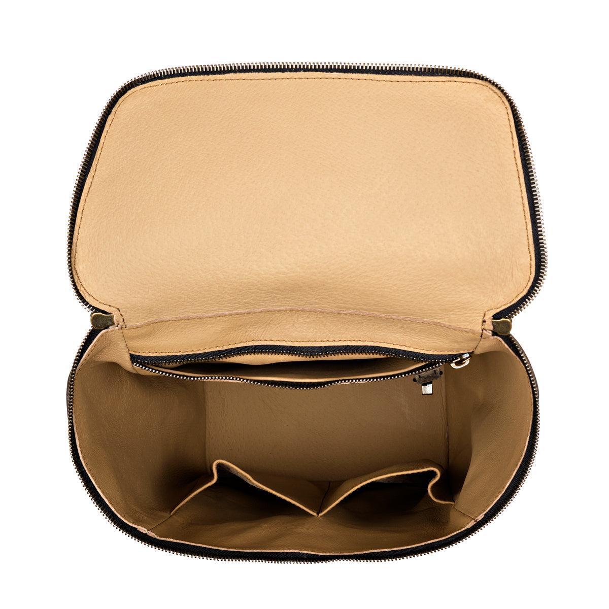 All in One Backpack Medium in Black, open top view of empty lined interior with slip pockets