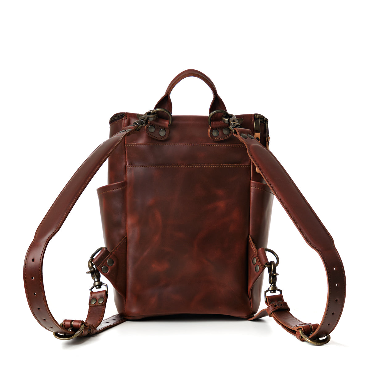 All in One Backpack Medium in Chestnut, back view showing adjustable shoulder straps and clips