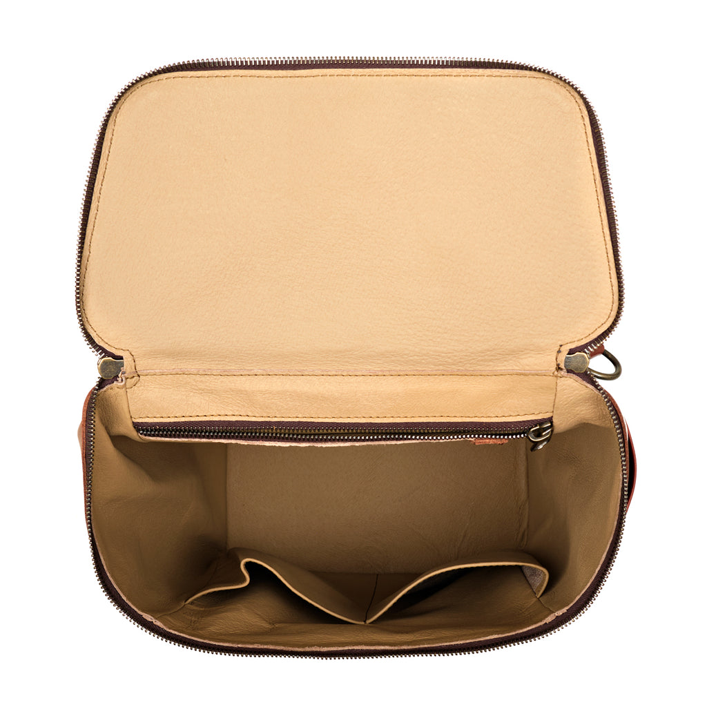 All in One Backpack Medium in Chestnut, open top view of empty lined interior with slip pockets