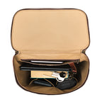 All in One Backpack Medium in Chestnut, open top view of lined interior packed with keys, wallet and pouches