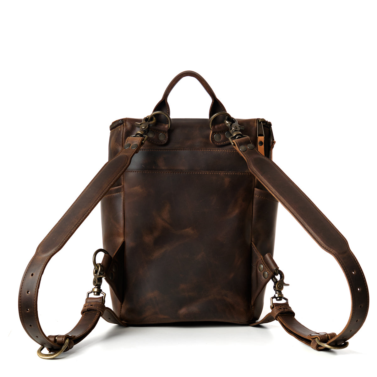 All in One Backpack Medium in Dark Coffee Brown, back view showing adjustable shoulder straps and clips