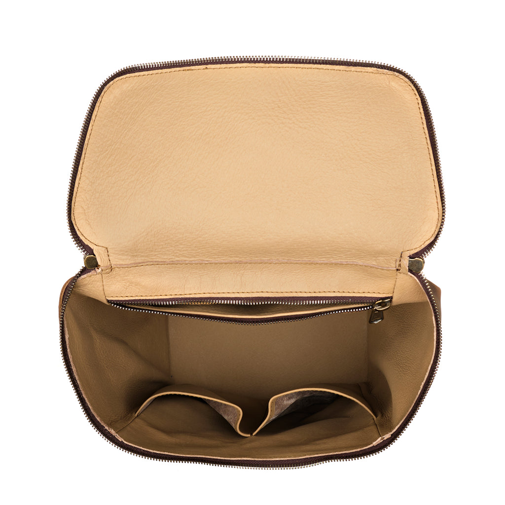 All in One Backpack Medium in Dark Coffee Brown, open top view of empty lined interior with slip pockets