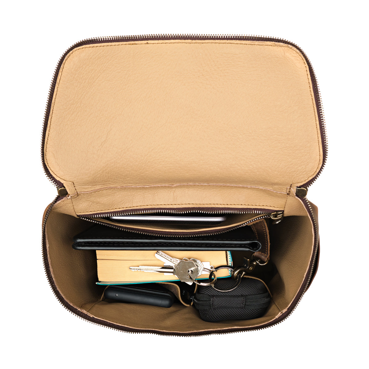 All in One Backpack Medium in Dark Coffee Brown, open top view of lined interior packed with keys, wallet and pouches