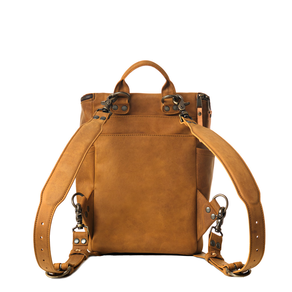 All in One Backpack Medium in Tobacco, back view showing adjustable shoulder straps and clips