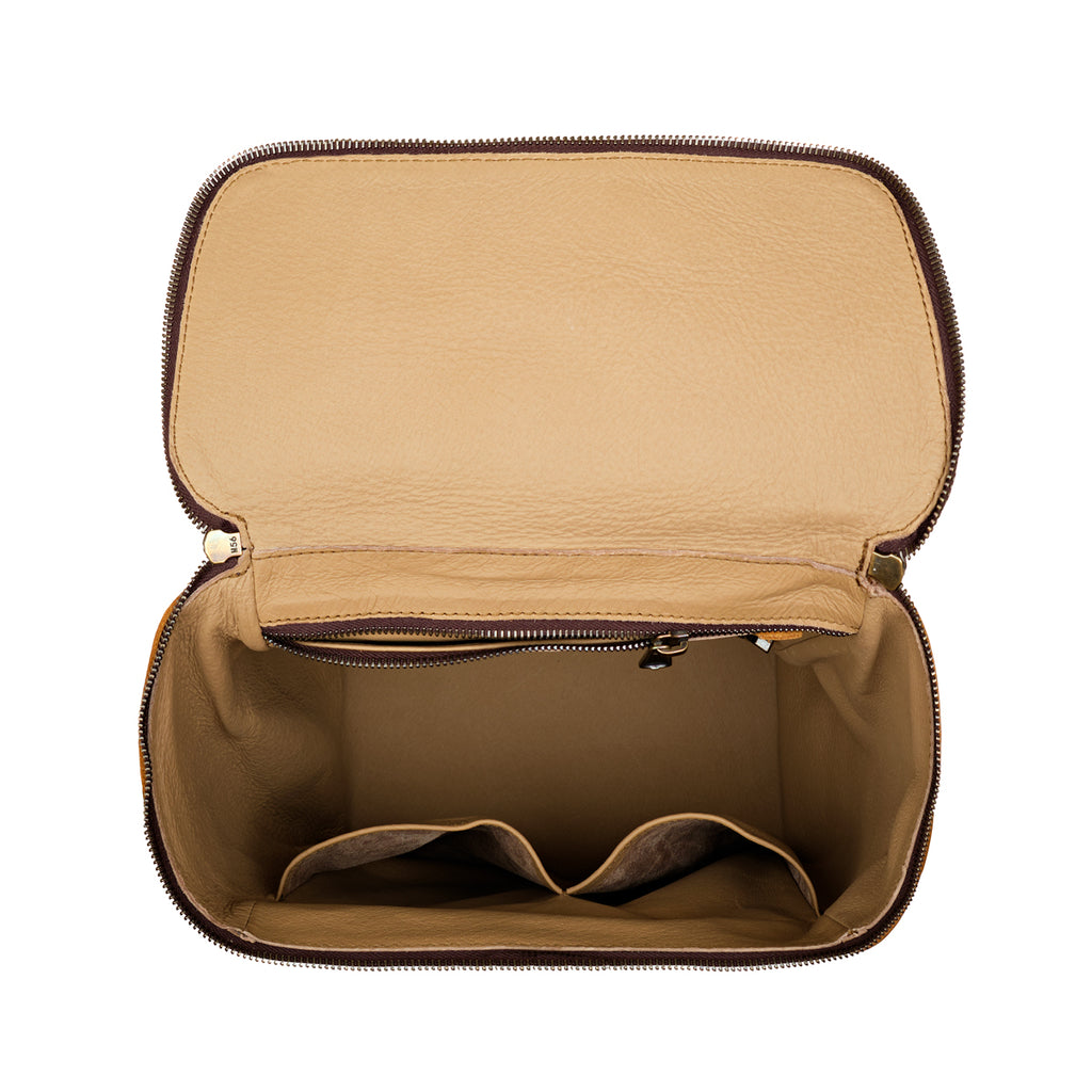 All in One Backpack Medium in Tobacco, open top view of empty lined interior with slip pockets