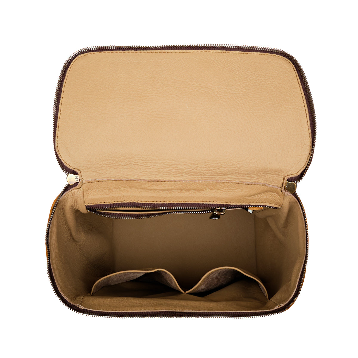 All in One Backpack Medium in Tobacco, open top view of empty lined interior with slip pockets