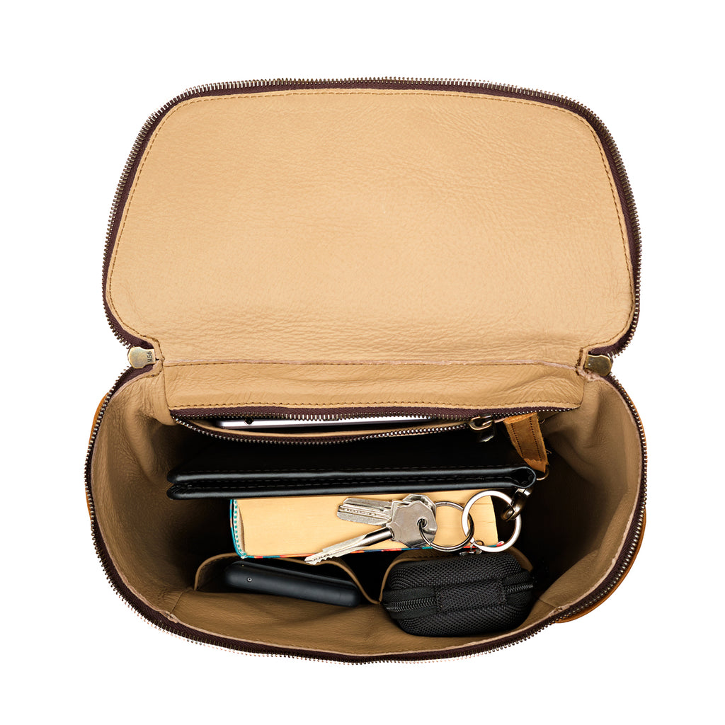All in One Backpack Medium in Tobacco, open top view of lined interior packed with keys, wallet and pouches