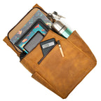 All in One Backpack Medium in Tobacco, packed with a tablet, phone, water bottle and keys
