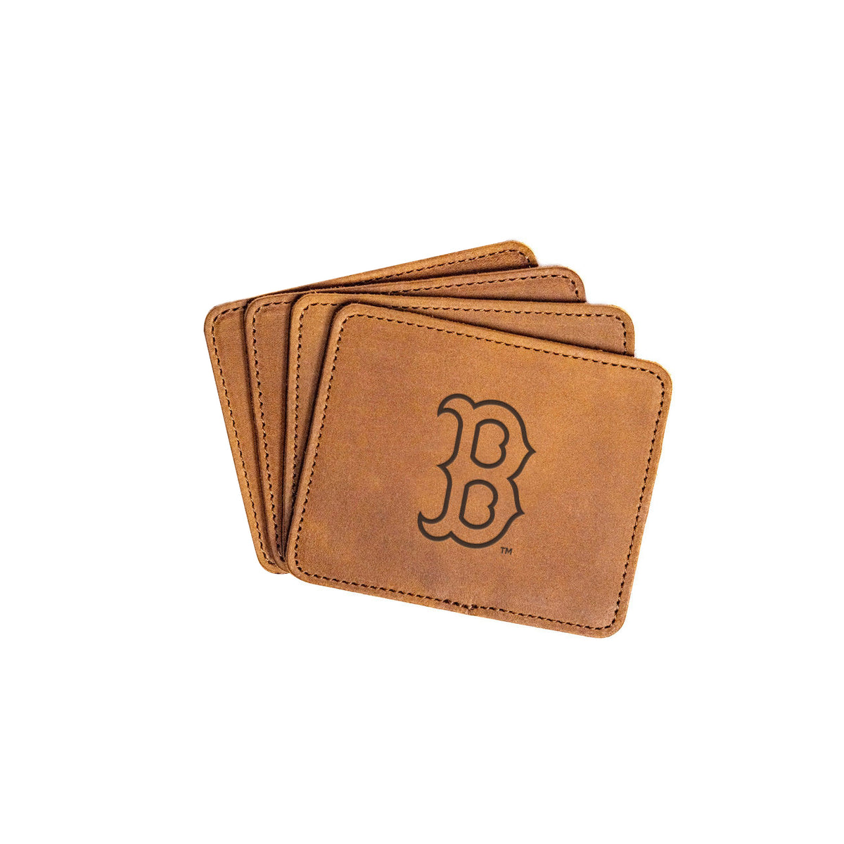 Boston Red Sox Leather Coaster Set in Tobacco, four fanned coasters with embossed B logo