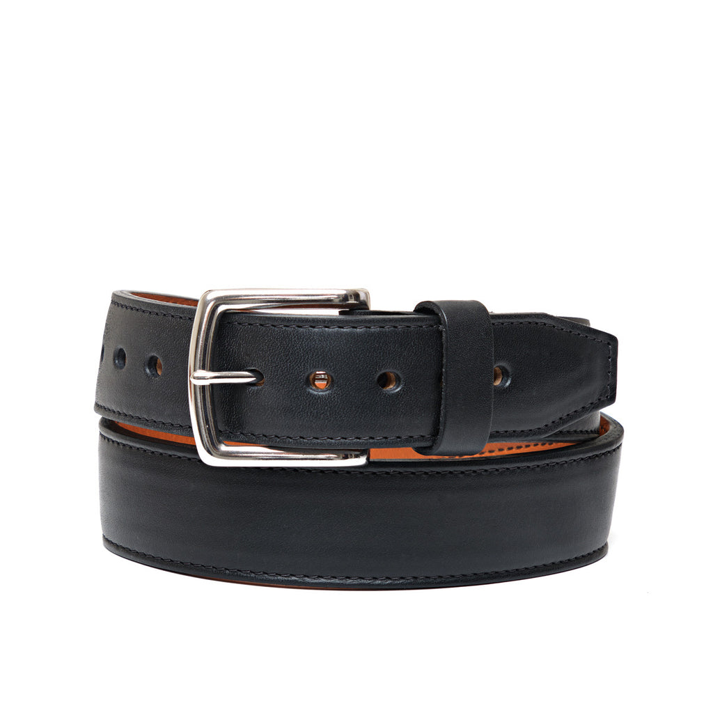 Italian Casual Belt in Pitch Black, rolled front view with silver buckle