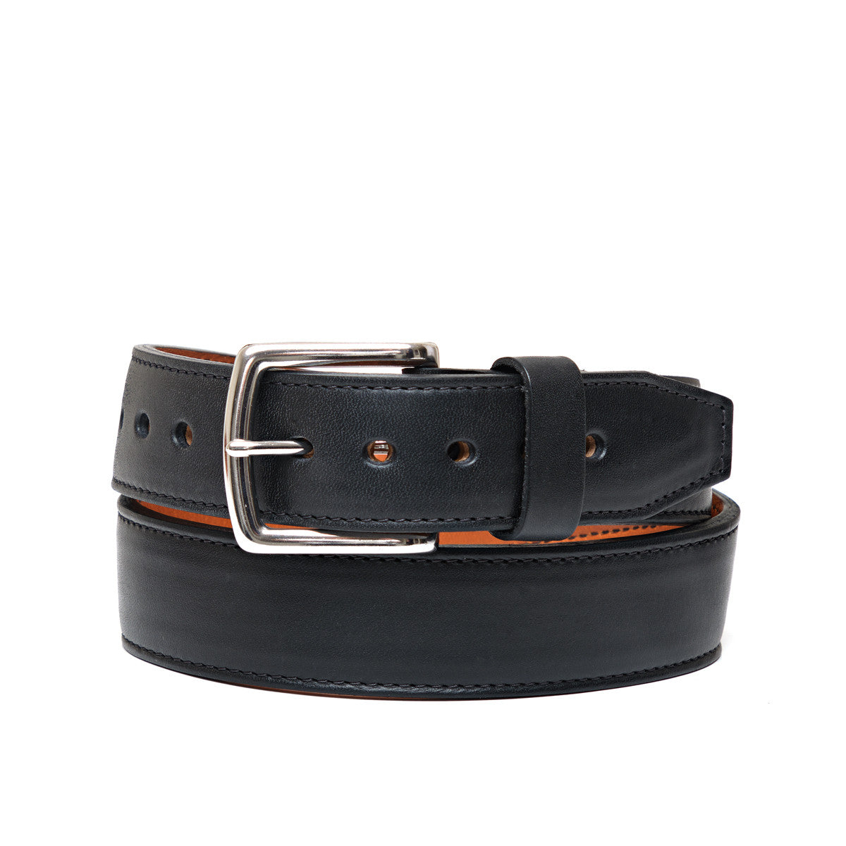 Italian Casual Belt in Pitch Black, rolled front view with silver buckle