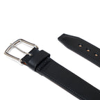 Italian Casual Belt in Raven Black, close-up of the silver buckle, keeper and tapered tip