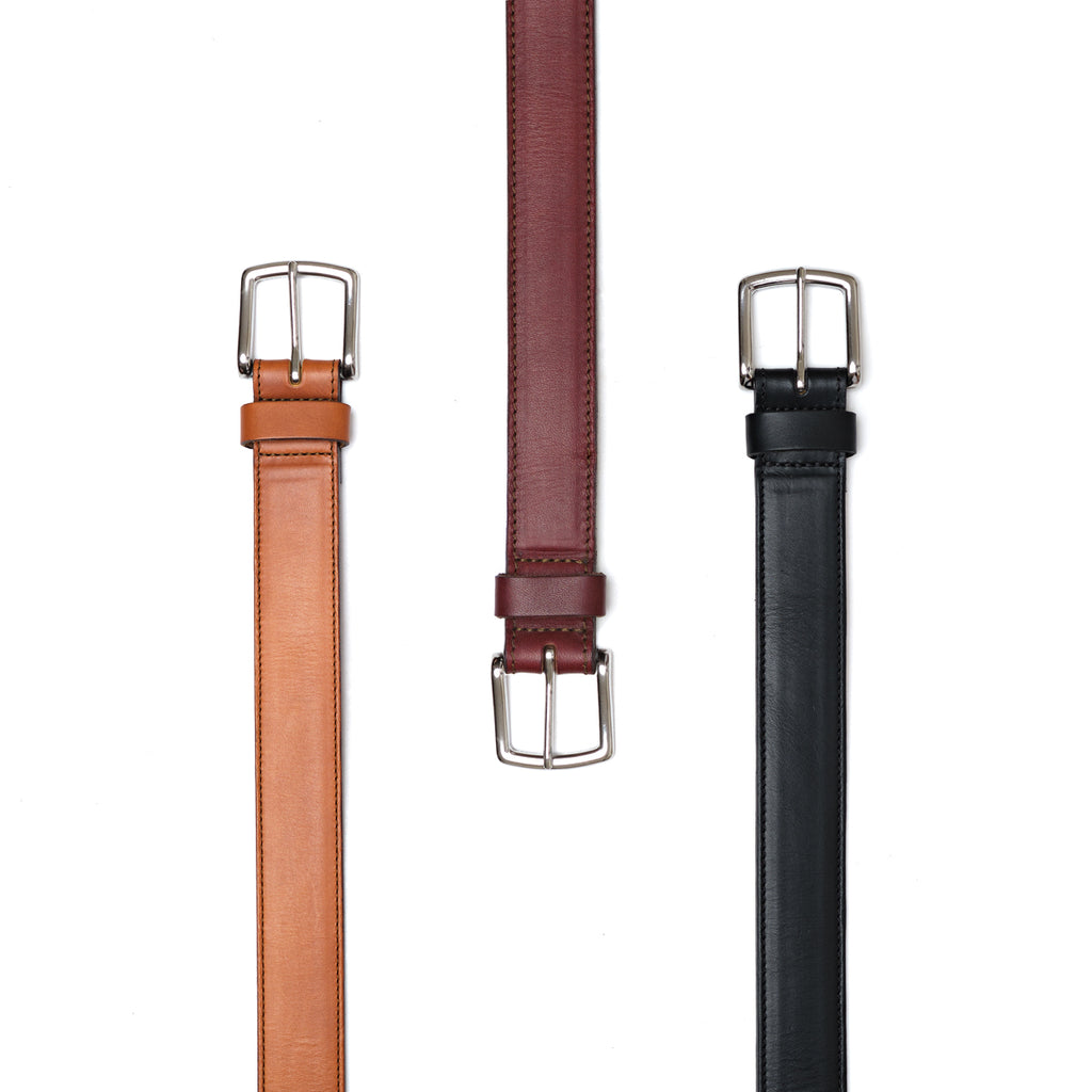Italian Casual Belt in English Tan, Oxblood and Raven Black hanging side by side