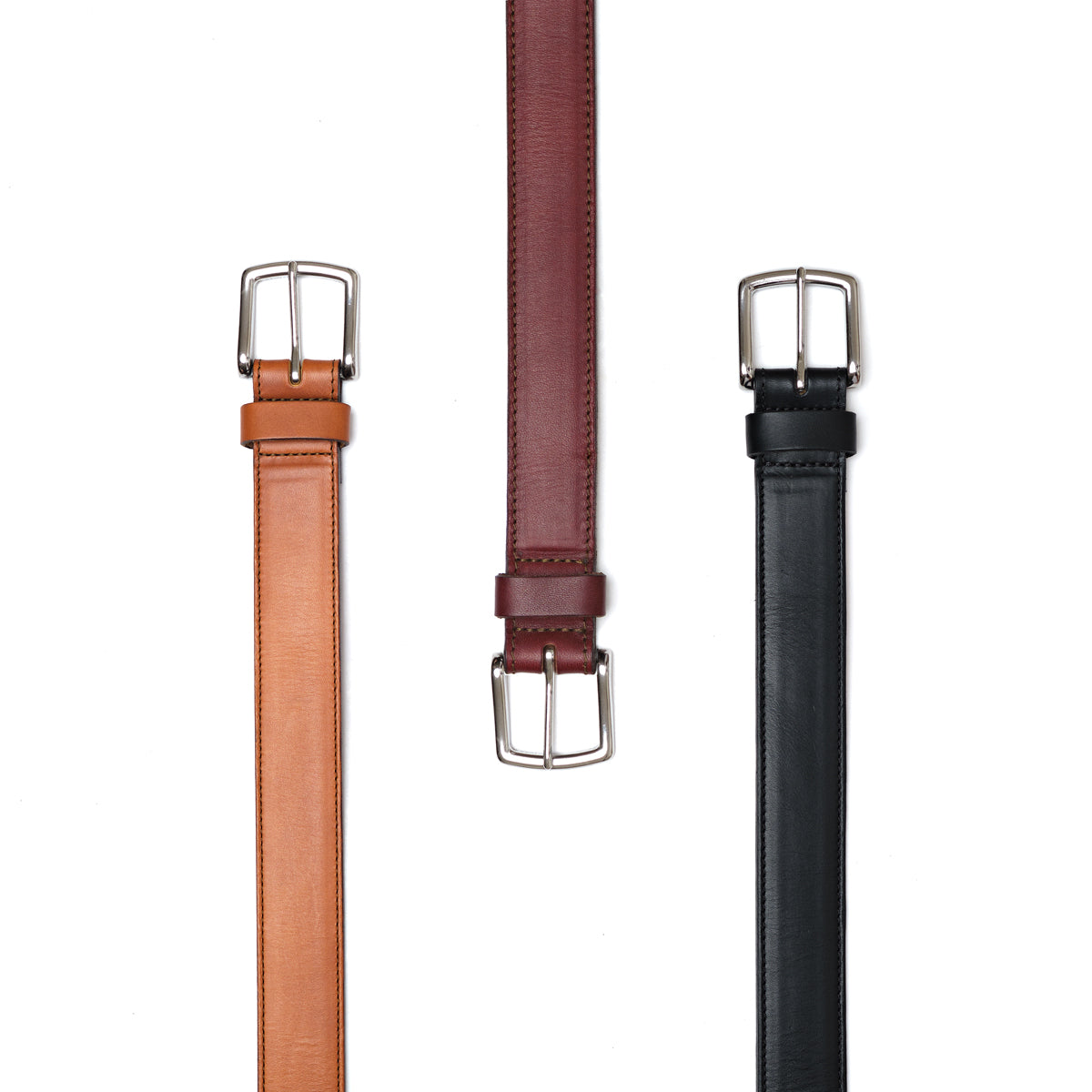 Italian Casual Belt in English Tan, Oxblood and Raven Black hanging side by side