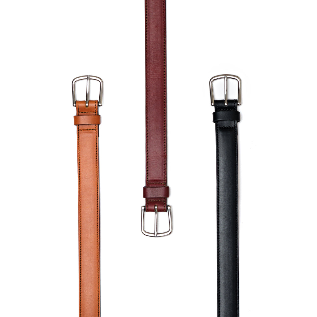Italian Dress Belt in English Tan, Oxblood and Raven Black hanging side by side