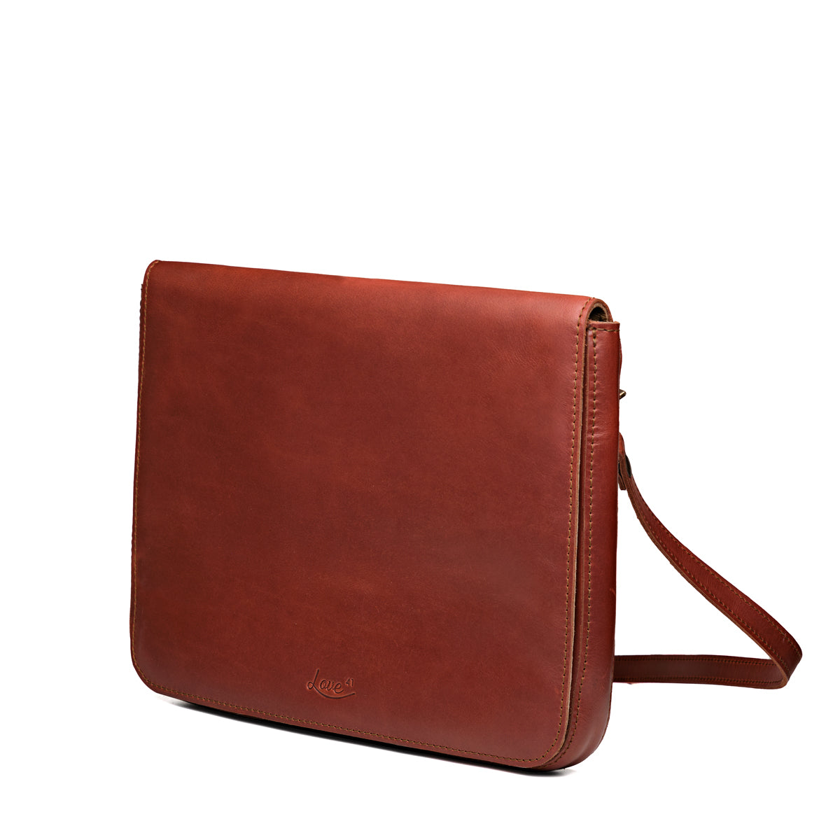 Magnetic Fold Over Bag Large in Chestnut, angled front view with fold-over flap and shoulder strap