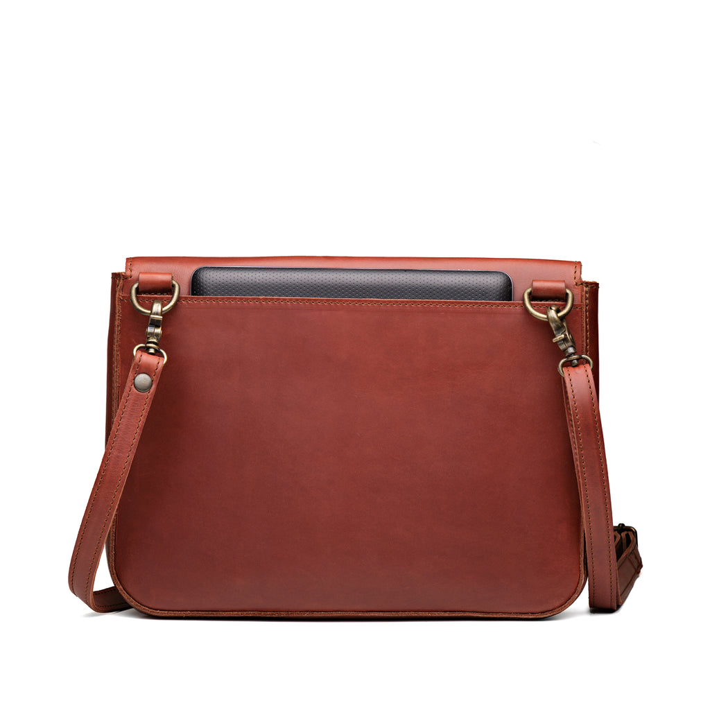 Magnetic Fold Over Bag Large in Chestnut, back view with rear slip pocket holding a tablet and shoulder strap