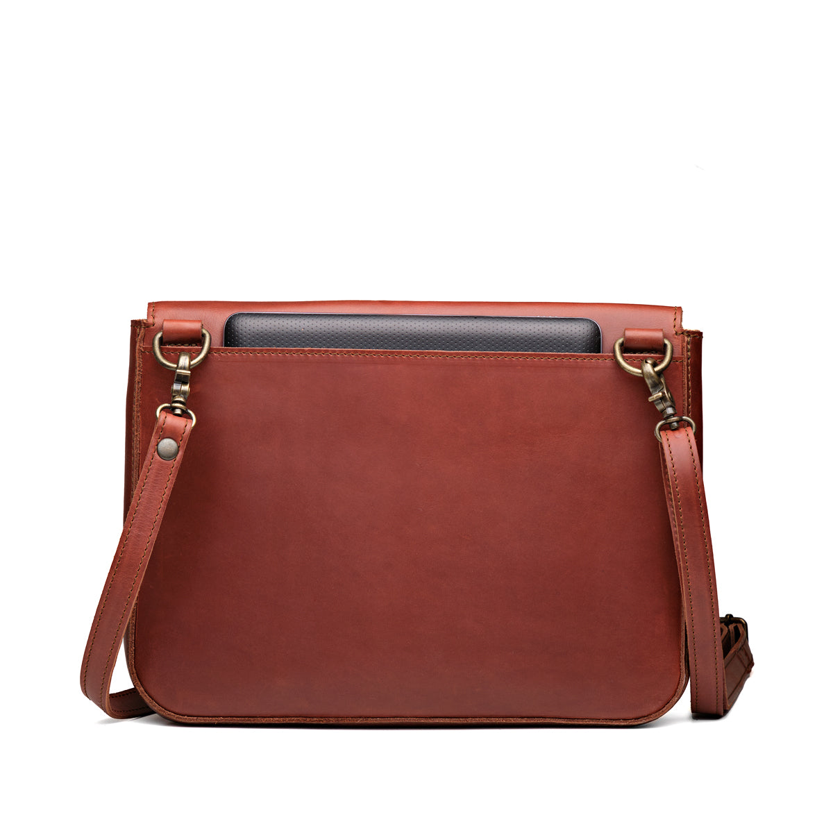 Magnetic Fold Over Bag Large in Chestnut, back view with rear slip pocket holding a tablet and shoulder strap