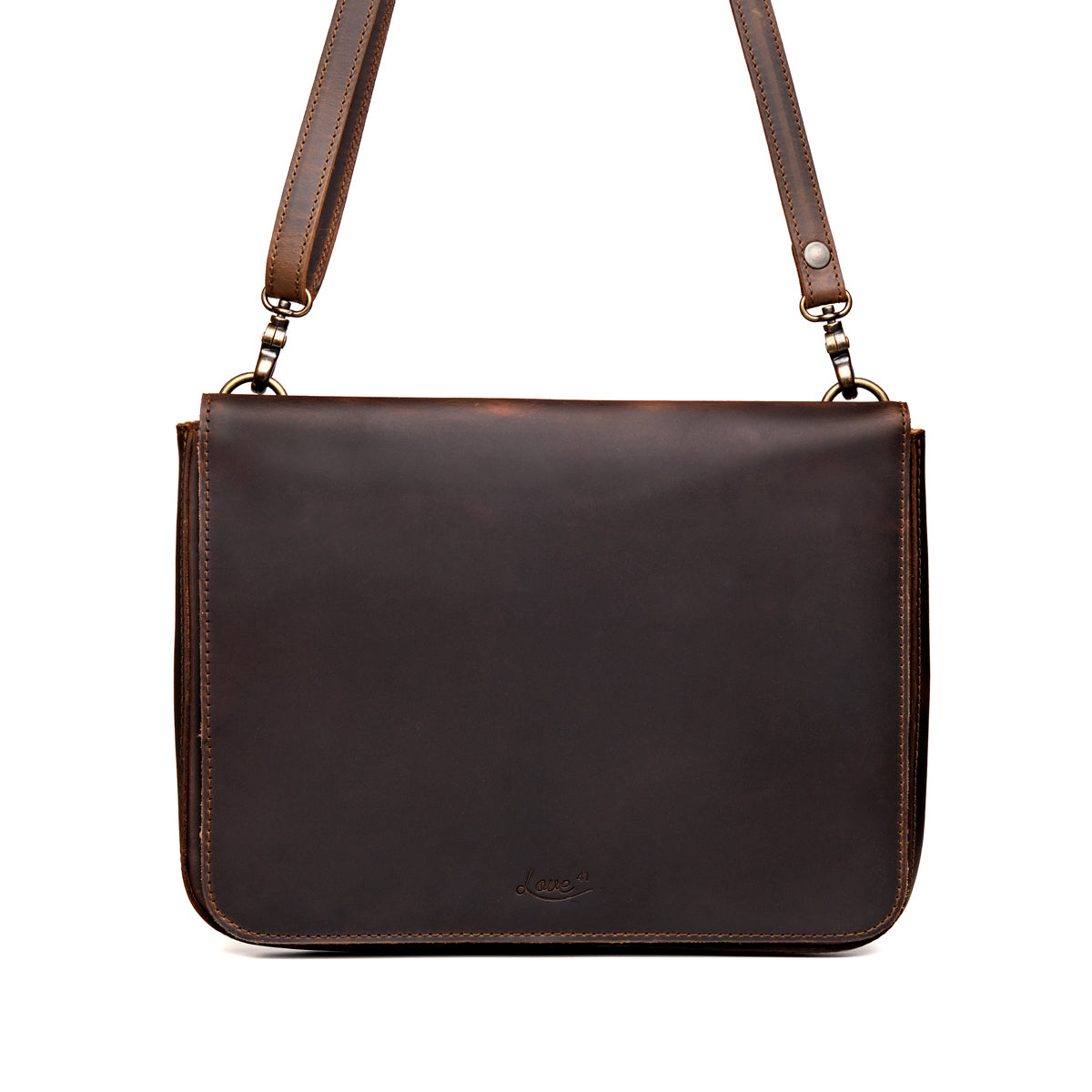 Magnetic Fold Over Bag Large in Dark Coffee Brown, front view with fold-over flap, embossed logo and shoulder strap