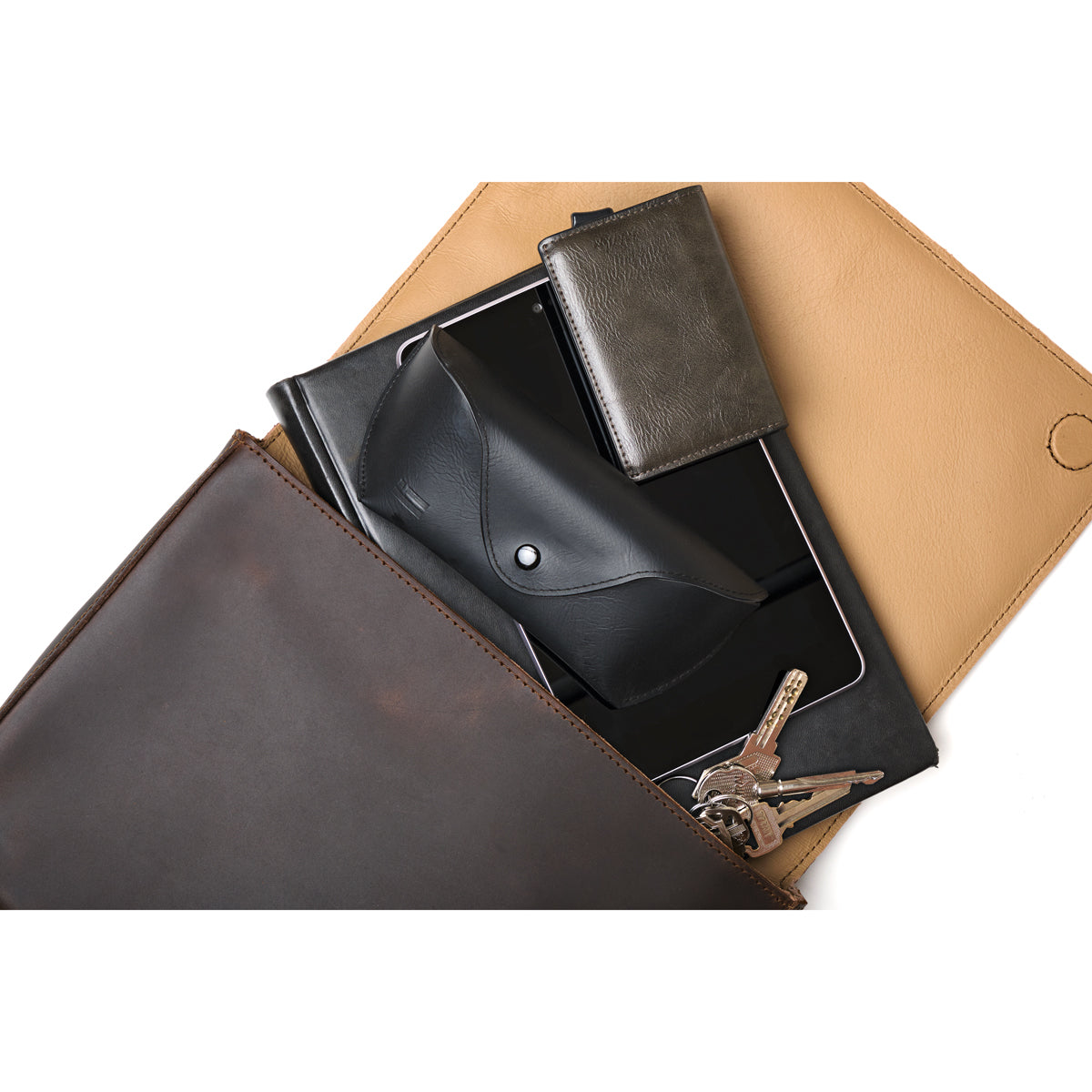 Magnetic Fold Over Bag Large in Dark Coffee Brown, flap open with a tablet, sunglasses case, wallet and keys inside