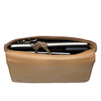 Magnetic Fold Over Bag Large in Dark Coffee Brown, close-up of the open top with suede lining holding a laptop and keys