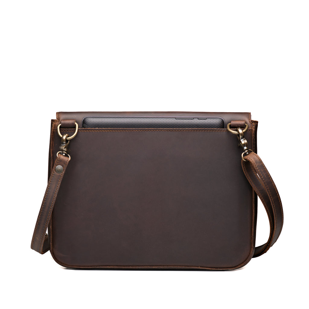 Magnetic Fold Over Bag Large in Dark Coffee Brown, back view with rear slip pocket holding a tablet and shoulder strap