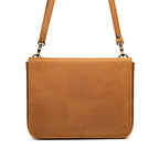 Magnetic Fold Over Bag Large in Tobacco, front view with fold-over flap, embossed logo and shoulder strap
