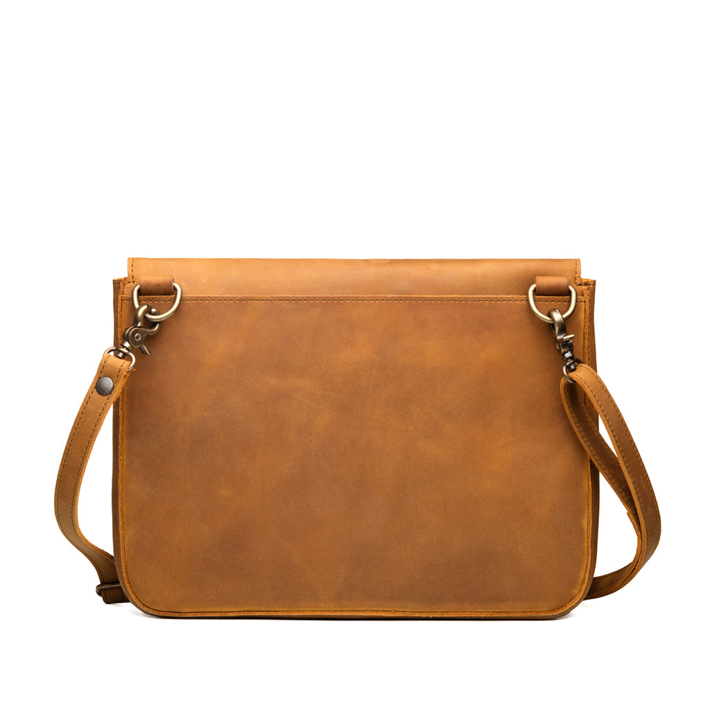 Magnetic Fold Over Bag Large in Tobacco, back view with empty rear slip pocket and shoulder strap